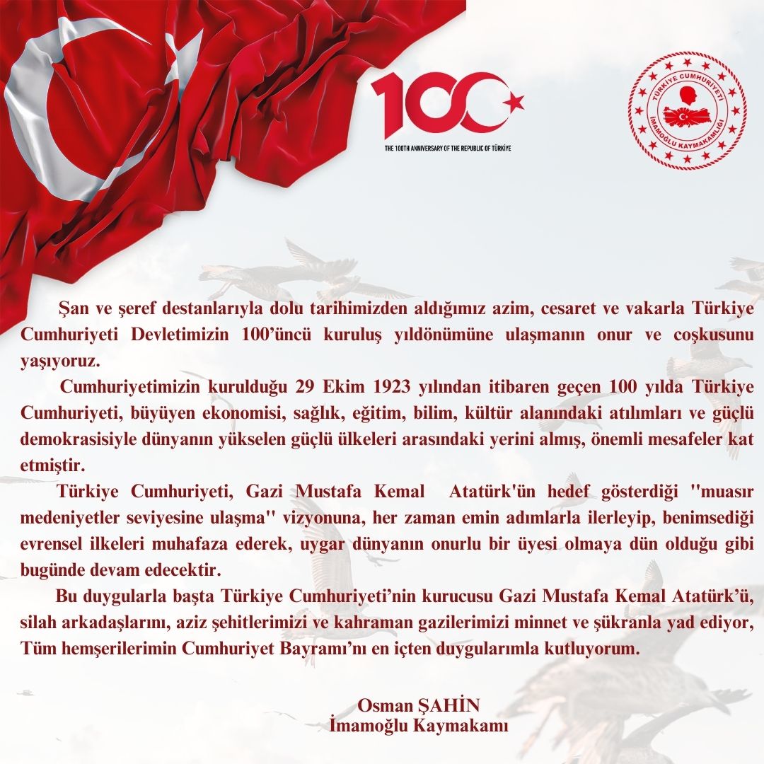 Kaymakamımız Sn. Osman ŞAHİN" in 29 Ekim Cumhuriyet Bayramı Mesajı.